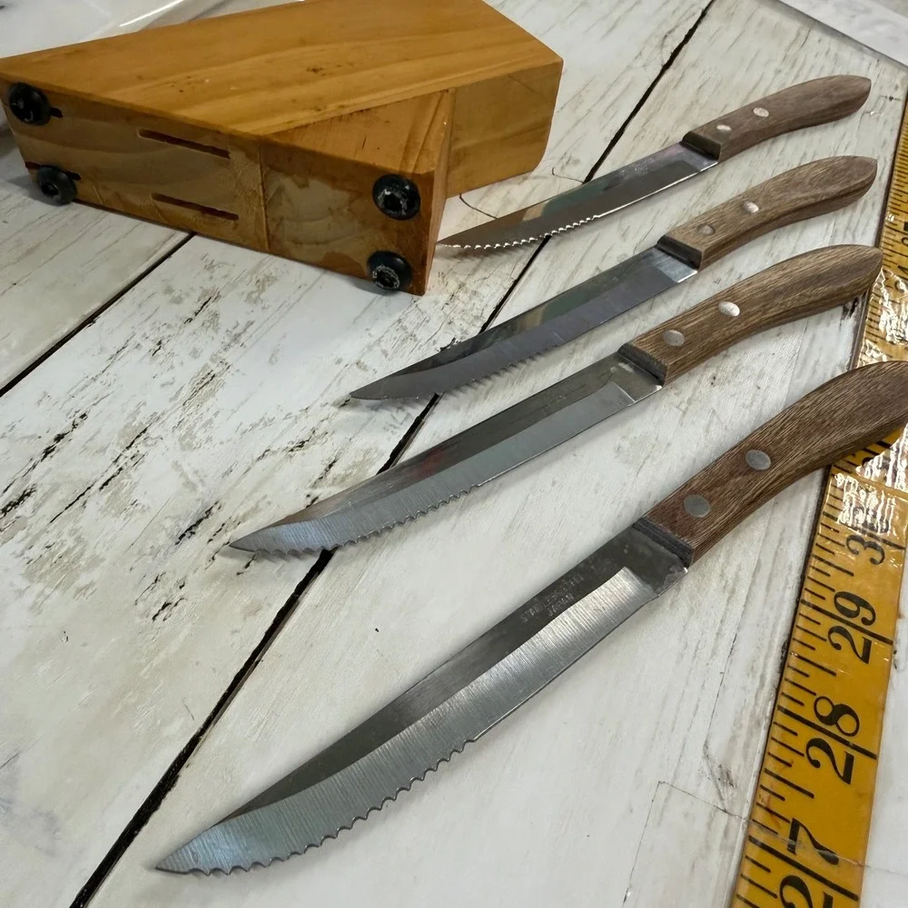 Steak Knife Set Vintage Japan Stainless Wood Block 5pc Set Serrated MCM Retro